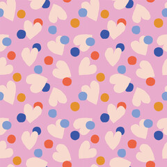 Super Cute Seamless Pattern with Hearts and Dots. Abstract Texture with Hand Drawn Circles and Hearts. Fun and Naive Background Perfect for Children's Clothing, Wrapping Paper and Digital Design