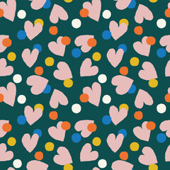 Super Cute Seamless Pattern with Hearts and Dots. Abstract Texture with Hand Drawn Circles and Hearts. Fun and Naive Background Perfect for Children's Clothing, Wrapping Paper and Digital Design