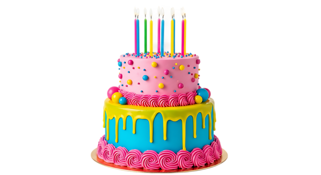 Colorful two tier birthday cake with dripping frosting and lit candles isolated on transparent background