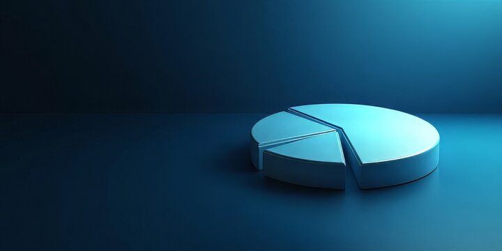 A minimalist 3D pie chart in cool blue tones, symbolizing data, analytics, or market share. Ideal for business presentations, financial reports, or tech blogs. Conveys clarity and insight.