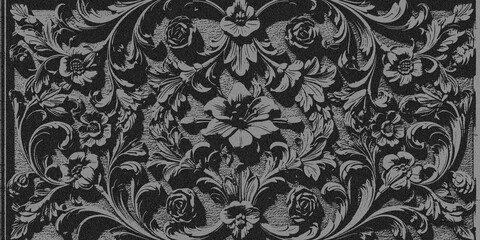 Intricate black and white damask pattern with floral motifs and swirling vines, evoking a sense of vintage elegance and classic design, perfect for luxurious backgrounds and decorative elements