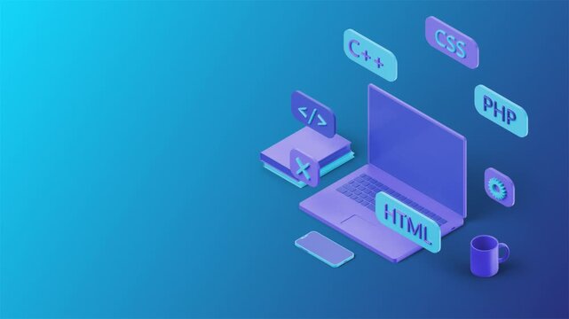 Isometric Software Development Scene with Laptop and Programming Languages.