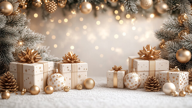 Elegant christmas presents and decorations with warm bokeh lights - Powered by Adobe