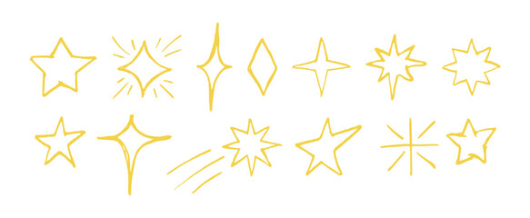 Hand drawn Christmas crayon stars set. Cute yellow outline crayon stars with chalk texture and cozy childlike style. Perfect pencil sketches doodles for holiday cards, winter decor or illustrations. © lunarts_studio