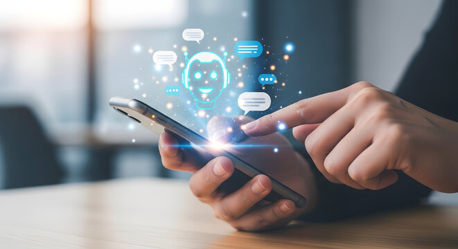 Close up of person using mobile phone with digital chatbot assistant and message icons