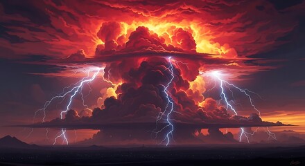 A dramatic cloudscape features a towering, fiery explosion with vivid lightning strikes across a dark horizon