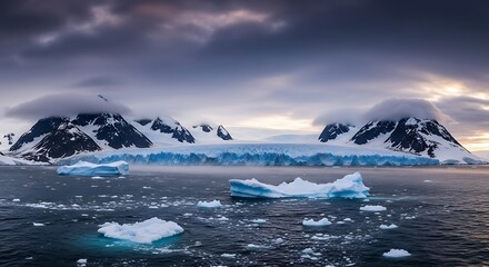 A dramatic landscape featuring icy waters, icebergs, and majestic snow-capped mountains partially obscured by clouds. Dramatic light