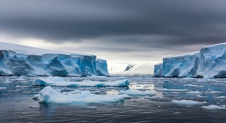 A dramatic landscape featuring massive ice formations reflected in the water, shadowed by a stormy sky