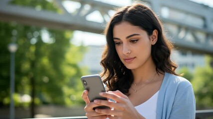 Young woman looking at her smartphone outdoors in daylight - Powered by Adobe