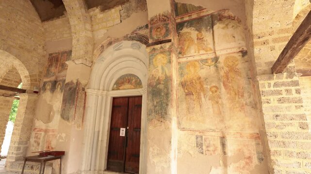 Antique frescoes on the walls of the serbian monastery Sopocani. Serbia. High quality 4k footage