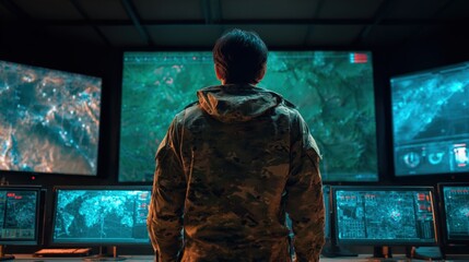 Army Intelligence Operative Analyzing Radar in Military Command Center
