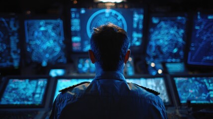 Obraz premium Army Officer Monitoring Radar Screens in Futuristic Control Room