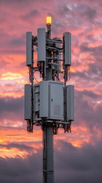 Cell tower 5g antenna mast telecom technology network infrastructure communication sunset, urban network technology connectivity, wireless telecom