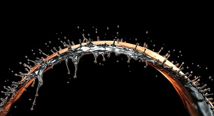 A dynamic arc of liquid with detailed droplets, suspended against a black backdrop, showcasing a beautiful form