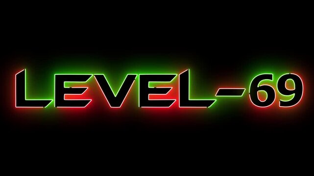 Red and green neon glowing level 69 text font icon animation. Neon level sign. Level text animation on black background.
