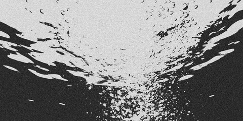 Underwater view looking up towards the surface with light rays and bubbles, black and white grainy texture isolated on transparent background