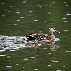 Fototapeta premium A family of ducks swims through green water, with two ducklings trailing behind a larger duck under a light rain