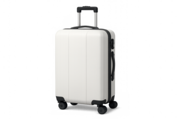 Traveling with white hard shell luggage, modern trolley suitcase on transparent background, packing for vacation