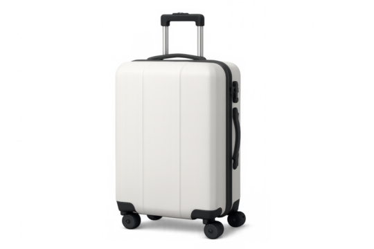 Traveling with white hard shell luggage, modern trolley suitcase on transparent background, packing for vacation