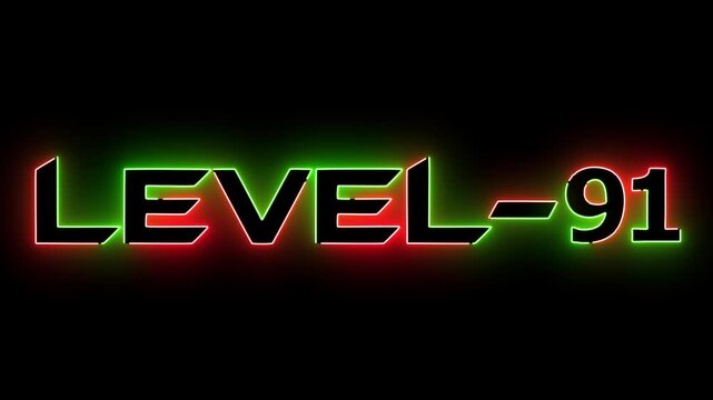 Red and green neon glowing level 91 text font icon animation. Neon level sign. Level text animation on black background.