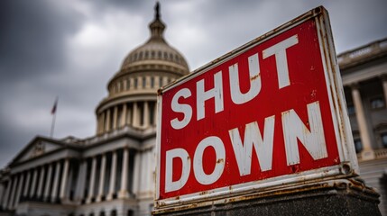 Dramatic Shutdown Sign Against U.S. Capitol with Cloudy Skies