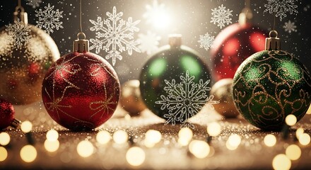 A festive close-up features sparkling ornaments with intricate designs, snowflakes, and warm, glittering lights. The background has a soft glow