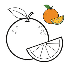 A vibrant orange with lush green leaves and a juicy slice, perfect for coloring, highlighting fresh fruit textures and cheerful, healthy details for all ages.
