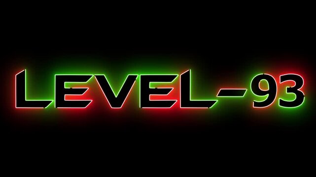 Red and green neon glowing level 93 text font icon animation. Neon level sign. Level text animation on black background.