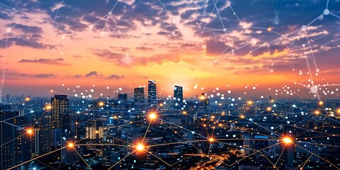 Connected cityscape with glowing network lines at sunset, symbolizing technology and global communication.