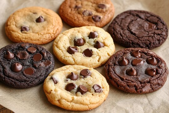 Assorted half chocolate chip cookies with gooey centers, scattered on parchment paper with visible crumbs and melted chips - Powered by Adobe