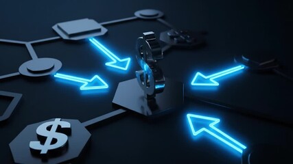 Glowing dollar symbol in digital currency network showcases innovation and technology, highlighting financial transactions and connections through interconnected arrows and geometric shapes - Powered by Adobe