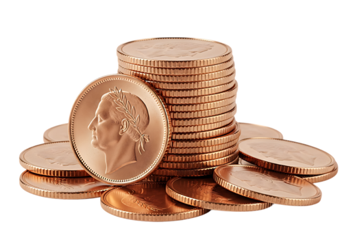 A stack of golden coins with one coin prominently displayed in front isolated on transparent background