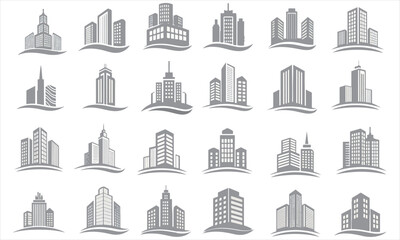 Collection of modern city skyline and building vector icons. Includes skyscrapers, office towers, apartments, and urban architecture in a minimalistic style — perfect for real estate, construction .