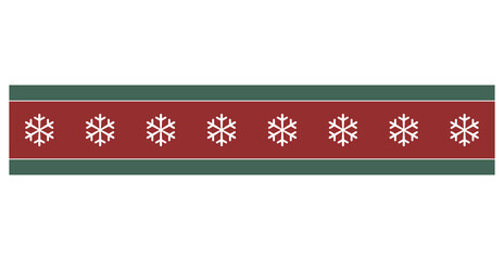 A rectangular decorative banner The central, wide band is a solid deep red, bordered by thin green stripes on the top and bottom. The red section is adorned with repeating white snowflake icons. 