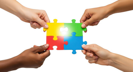 Four hands connect colorful puzzle pieces symbolizing teamwork collaboration unity and problem solving