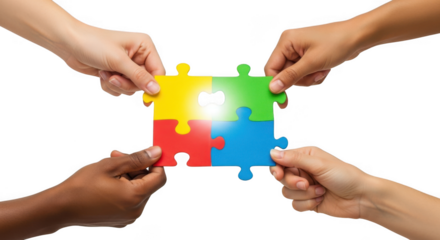 Four hands connect colorful puzzle pieces symbolizing teamwork collaboration unity and problem solving