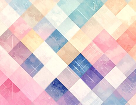 An abstract composition featuring a watercolor design with overlapping, multi-colored diamond shapes creating a geometric pattern. The colors include pastel hues