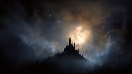 Fototapeta premium Silhouetted castle on a hill under a bright moon, framed by dark, swirling clouds