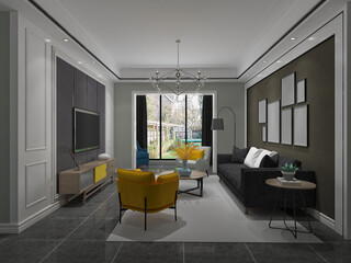 3d render of modern home interior living room, dining area