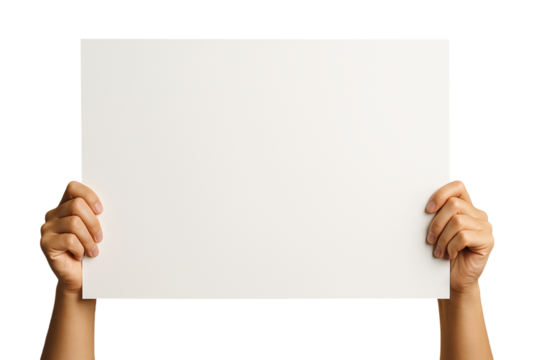 Hands holding blank white poster, PNG transparent background
