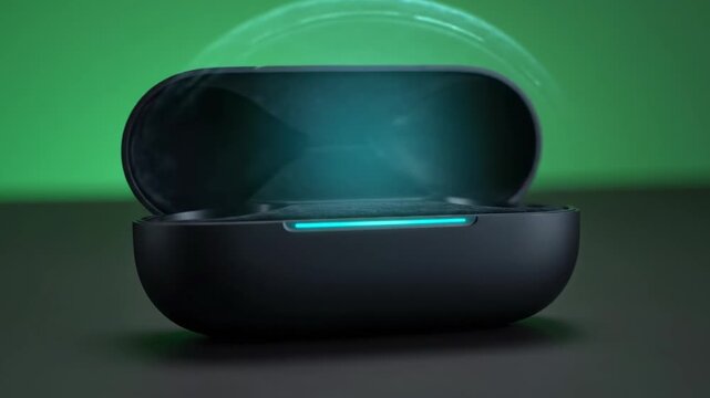 Open black earbud charging case with a glowing blue light. Green gradient background