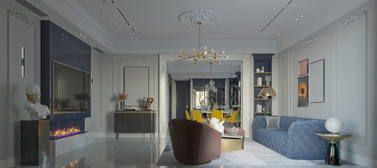 3d render of modern home interior living room, dining area