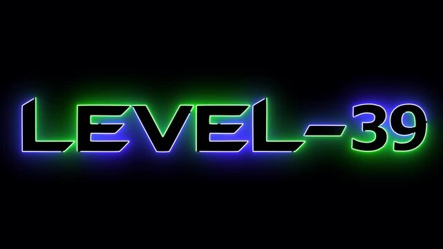 Blue and green neon glowing level 39  text font icon animation. Neon level sign. Level text animation on black background.