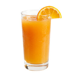 Fresh orange juice in a glass with a slice garnish on white background  