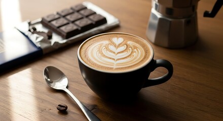 A flat-lay captures a cappuccino with latte art, chocolate bar, coffee bean, spoon, and stovetop espresso maker on wood
