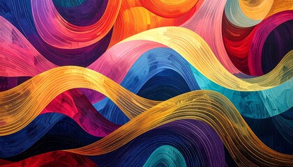 Abstract artwork featuring vibrant, swirling brushstrokes in various hues, creating dynamic curves & layered textures. The design evokes fluidity & depth