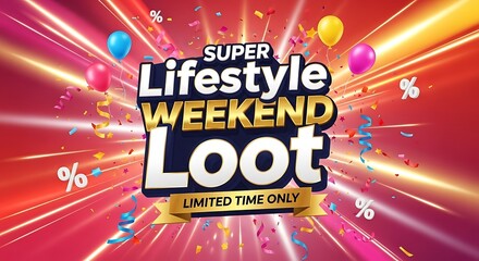 Celebrate incredible savings during a super lifestyle weekend loot sale with limited-time offers and festive balloons, perfect for advertising promotions and seasonal discounts