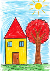 Childlike Drawing of a Yellow House and Red Tree under a Sunny Sky