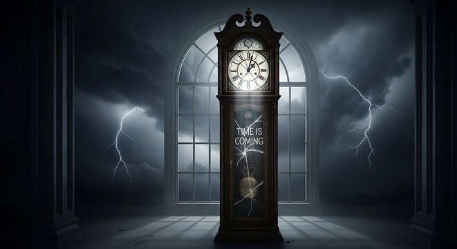 A grandfather clock, lit, against a stormy, lightning-filled sky. Text appears on its shattered glass face. Columns flank