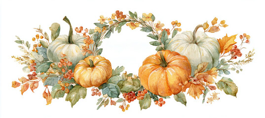 Watercolor Thanksgiving Card with Pumpkin and Autumn Leaf Wreath